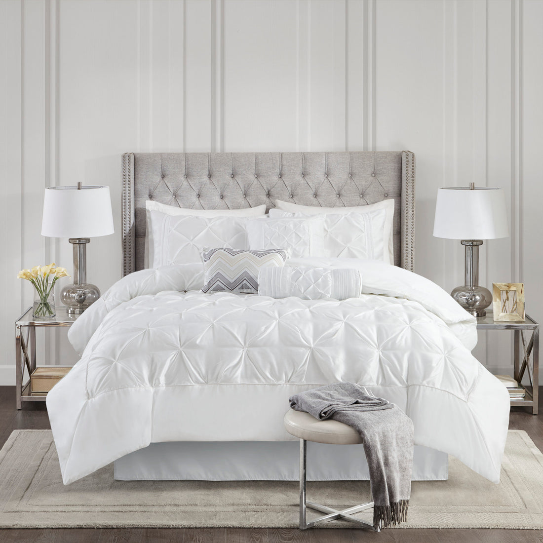 7 Piece Tufted Comforter Set White Full Full White Polyester