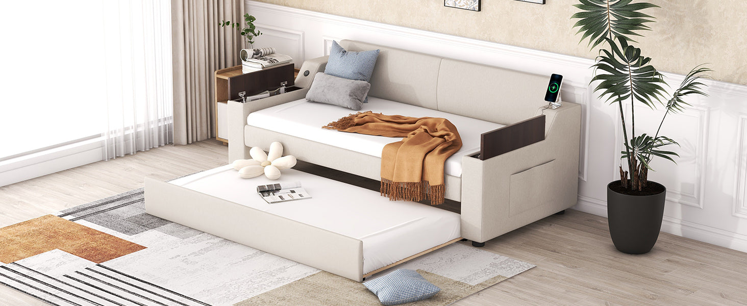 Twin Size Upholstery Daybed With Storage Arms, Trundle And Usb Design, Beige Old Sku:Gx000547Aaa Box Spring Not Required Twin Beige Wood Upholstered