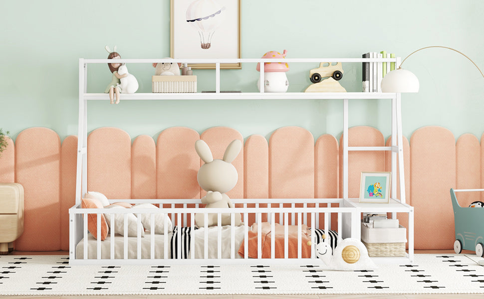 Twin Size Floor Bed Frame With Safety Fence, Metal Floor Bed With Desk And Storage Shelves, Playhouse For Kids, White Twin Off White Metal