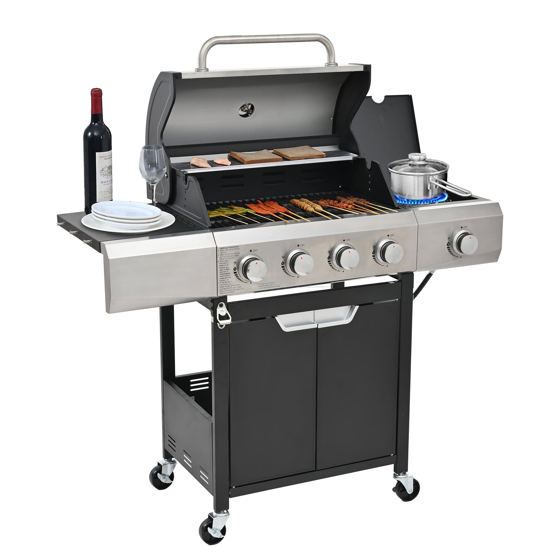 Propane Grill 4 Burner Barbecue Grill Stainless Steel Gas Grill With Side Burner And Cover For Outdoor Bbq, Camping Silver Garden & Outdoor Stainless Steel