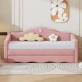 Twin Size Upholstered Daybed With Wave Shaped Trundle, Pink Pink Velvet