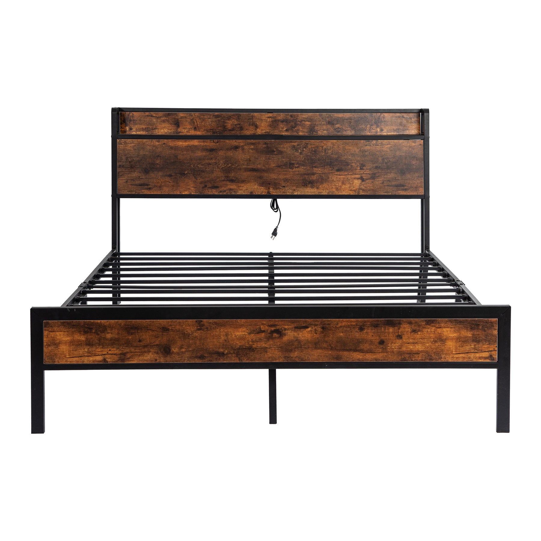 Black Queen Metal Bed Frame With Wooden Headboard And And Footboard And Iron Slats, Rustic Bed Base, Heavy Duty Platform Bed Frame, 12 Inch Underbed Storage No Springs Required Box Spring Required Queen Black Dark Walnut Metal Brown Bedroom