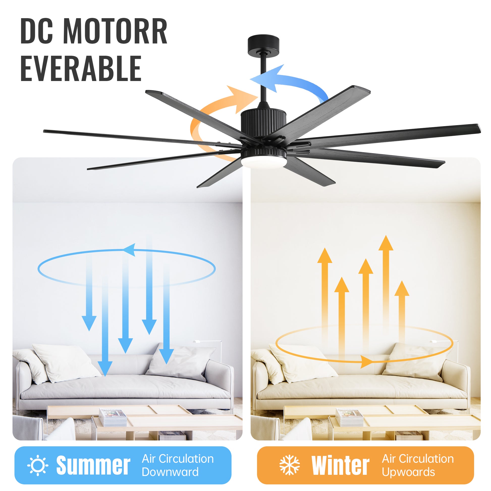 76 Inch Ceiling Fan With 18W Dimmable Led Light Smart Remote Control 8 Solid Wood Blades Black Black Metal & Wood