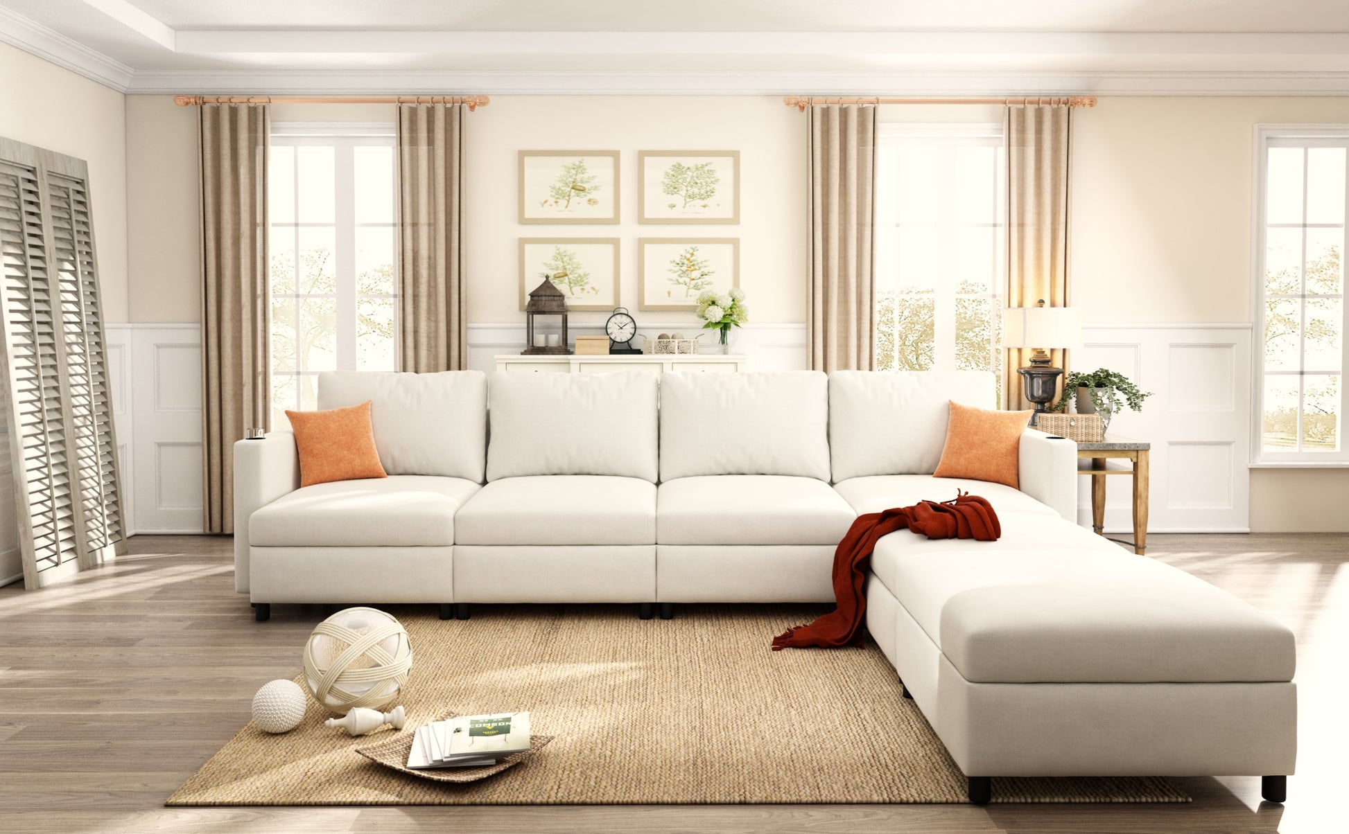 Modern Large Sectional Sofa, U Shape Modular Sectional Couch With Storage Function,123" Sofa Bed With Ottoman,6 Seat Sectionals Chaise For Living Room,Chenille Antique White Fabric 6 Seat