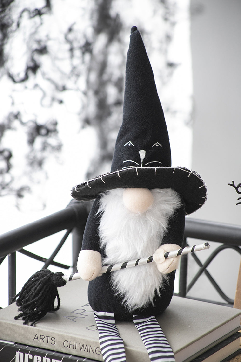 4.3X4X26.8" Fabric Sitting Black Gnome With Broomstick&Long Legs, For Halloween Decor Black White Polyester