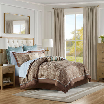 12 Piece Comforter Set With Cotton Bed Sheets Blue Brown Queen Queen Blue Brown Cotton