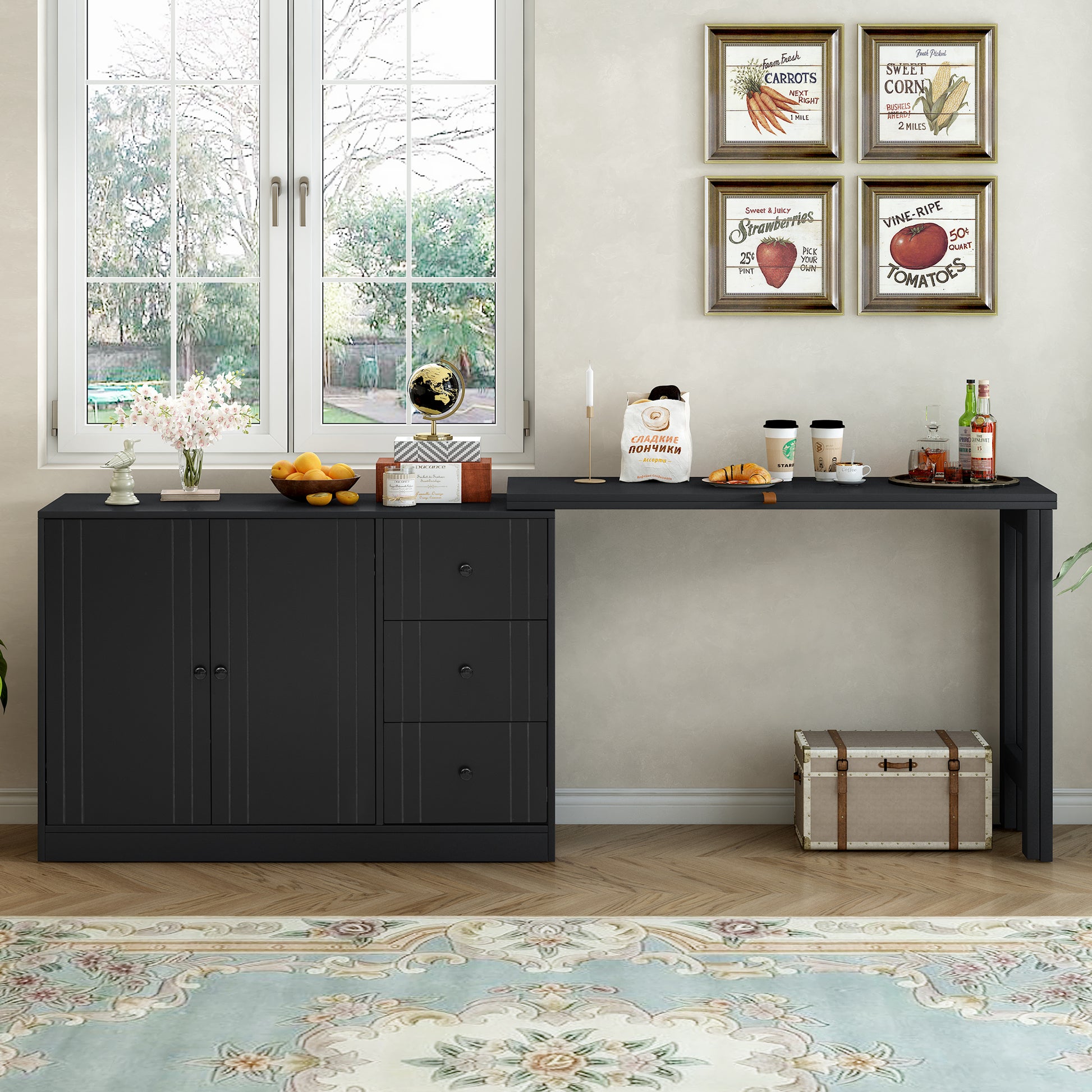 Innovative Sideboard That Effortlessly Converts Into A Dining Table And Adjustable Pull Out Top For Flexible Use,Suitable For Study,Entrance And Living Room Black Primary Living Space American