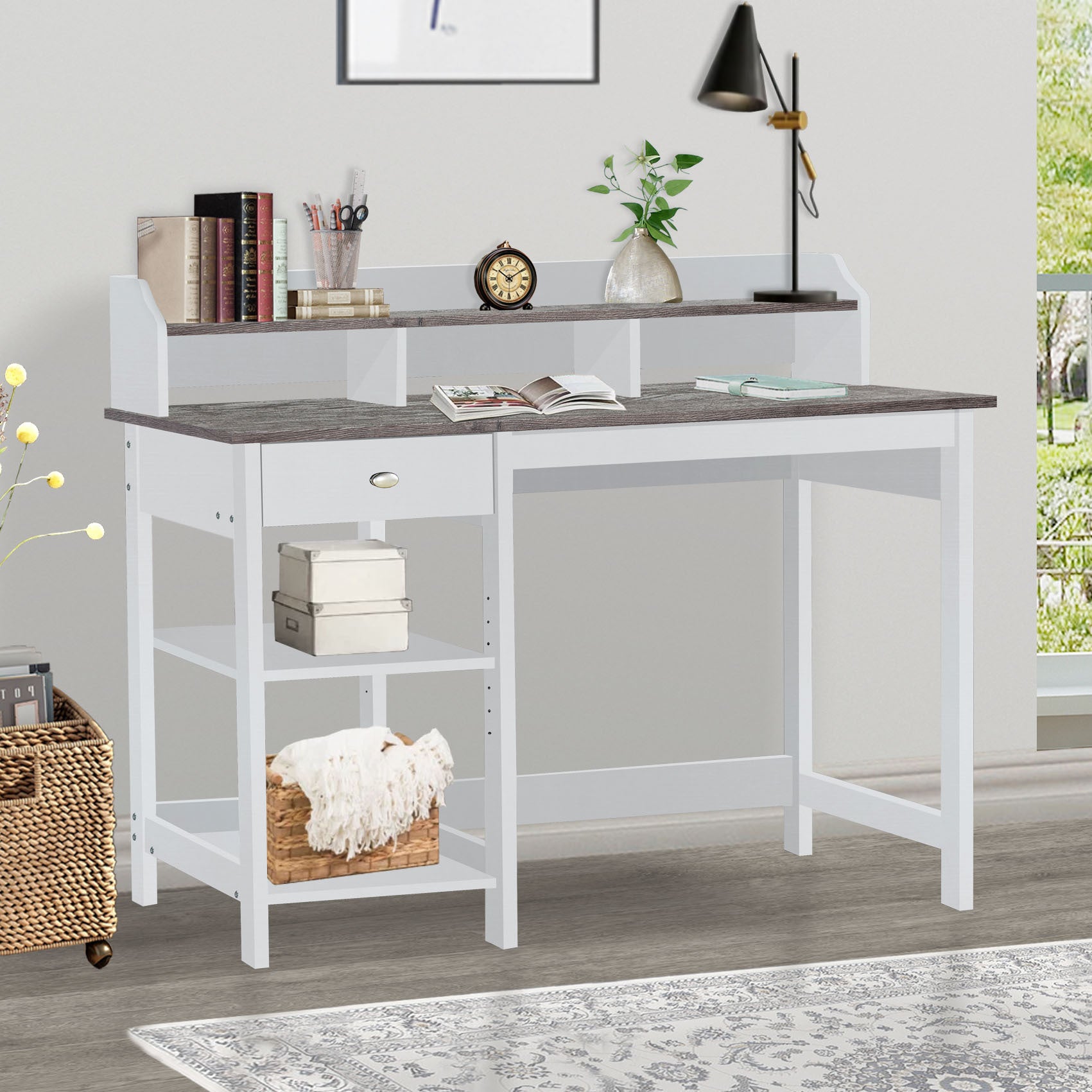 47" Writing Desk With Hutch "Contemporary Gray Oak And White Desk Versatile Workstation With Drawer, Adjustable Shelf, And Open Bookshelf For Home Or Office" White Solid Wood