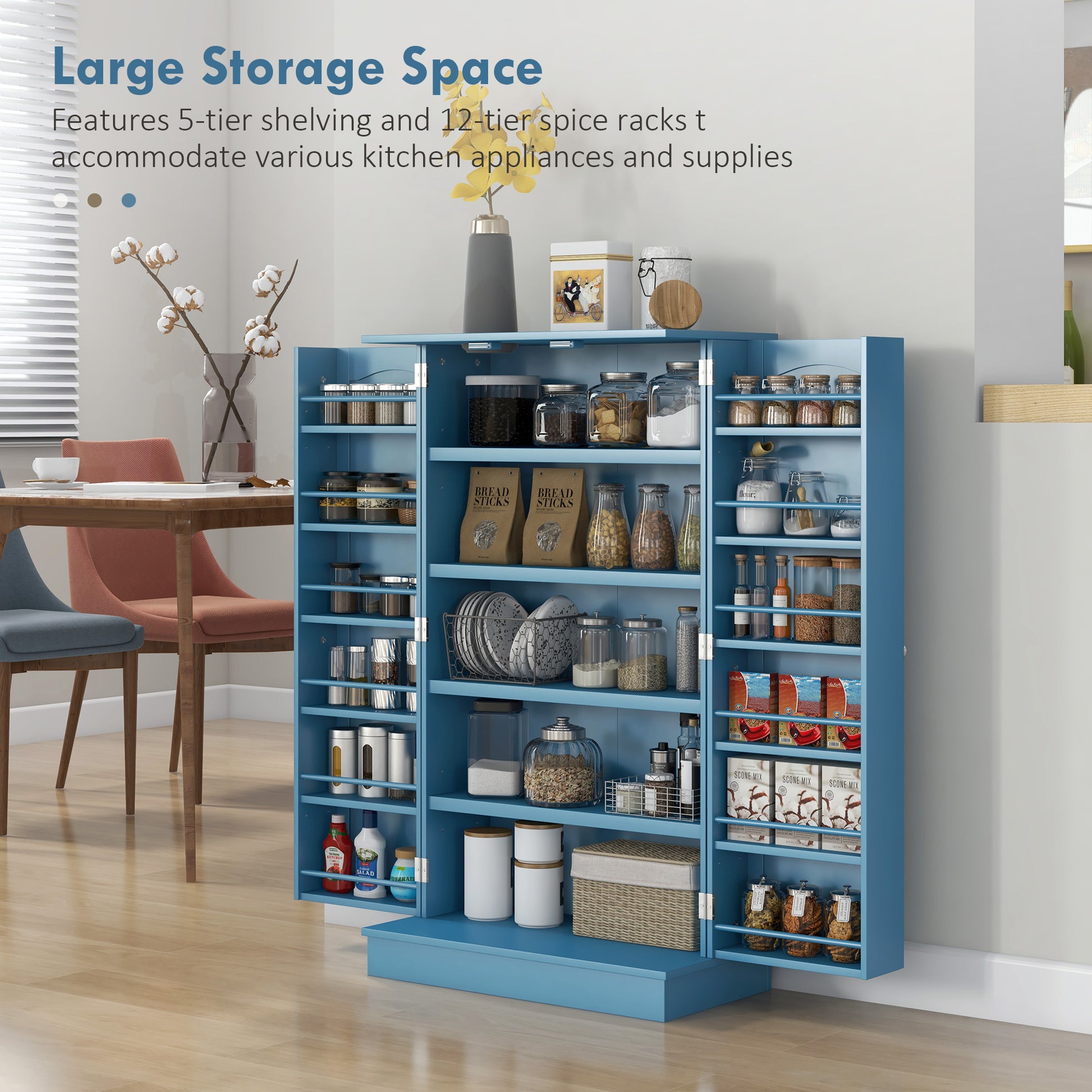 Homcom 41" Kitchen Pantry Storage Cabinet, Freestanding Kitchen Cabinet With 12 Door Shelves, Double Doors, 5 Tier Shelving And Adjustable Shelves, Blue Blue Mdf