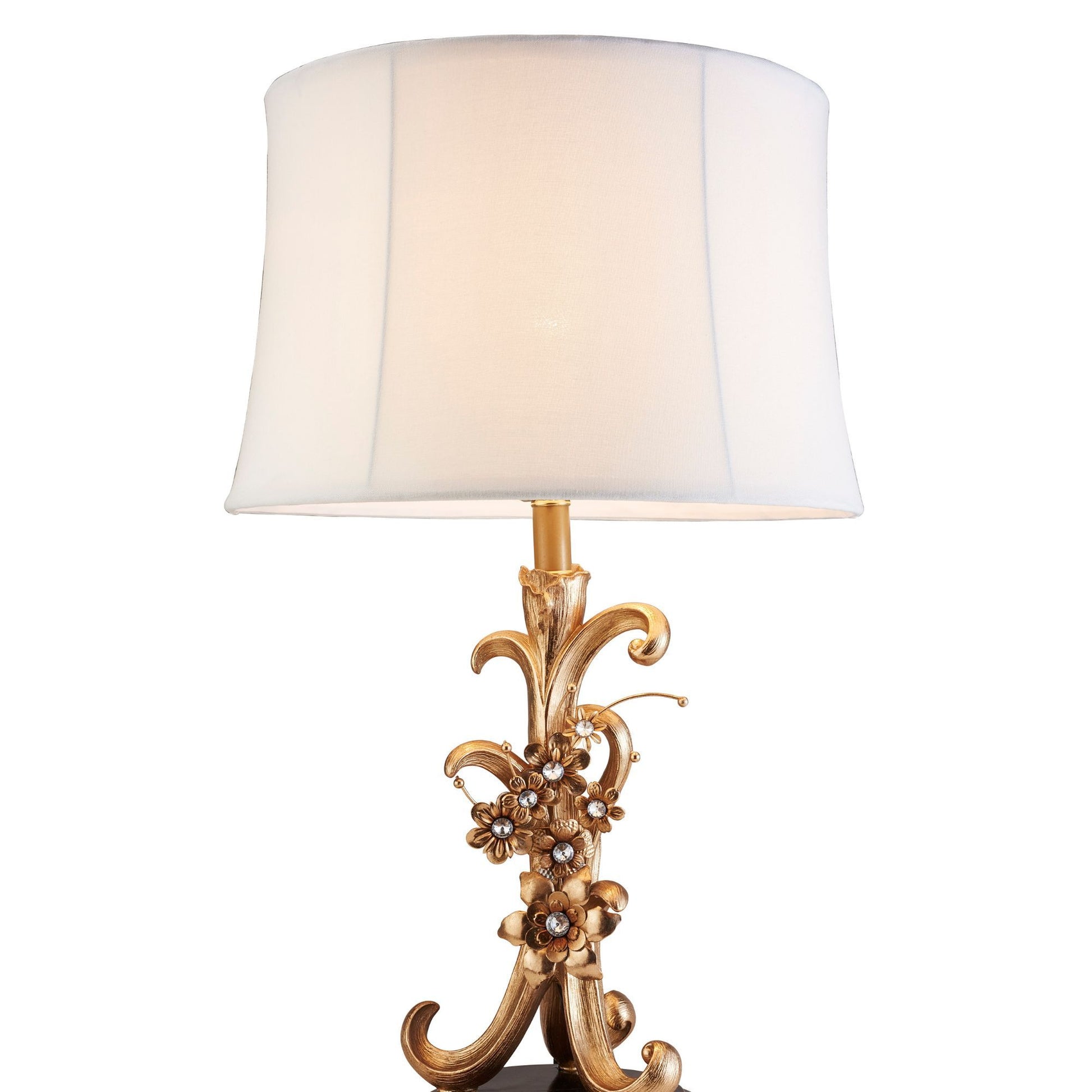 28" Tall Polyresin Table Lamp "Athena" With Bronze Finish With Flower Accents Gold Metal