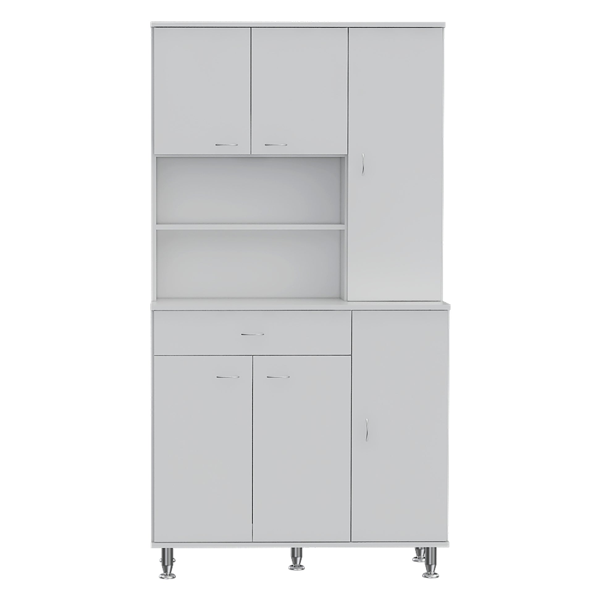 90 Kitchen Pantry Cabinet, Two Open Shelves, One Drawer, Multiple Cabinets, White White Solid Wood Mdf Engineered Wood