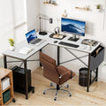 L Shaped Desk Gaming Computer 50 Inch Reversible Corner Table Pc For Writing Study Student With Wood Tabletop Metal Frame Cpu Stand Side Bag For Home Office Small Place, White White Wood
