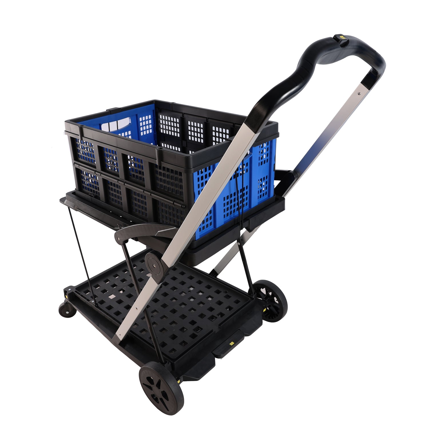 Folding Service Cart With Wheels Double Decker, Shopping, Library, Office Warehouse Moving Carts Black Blue Plastic