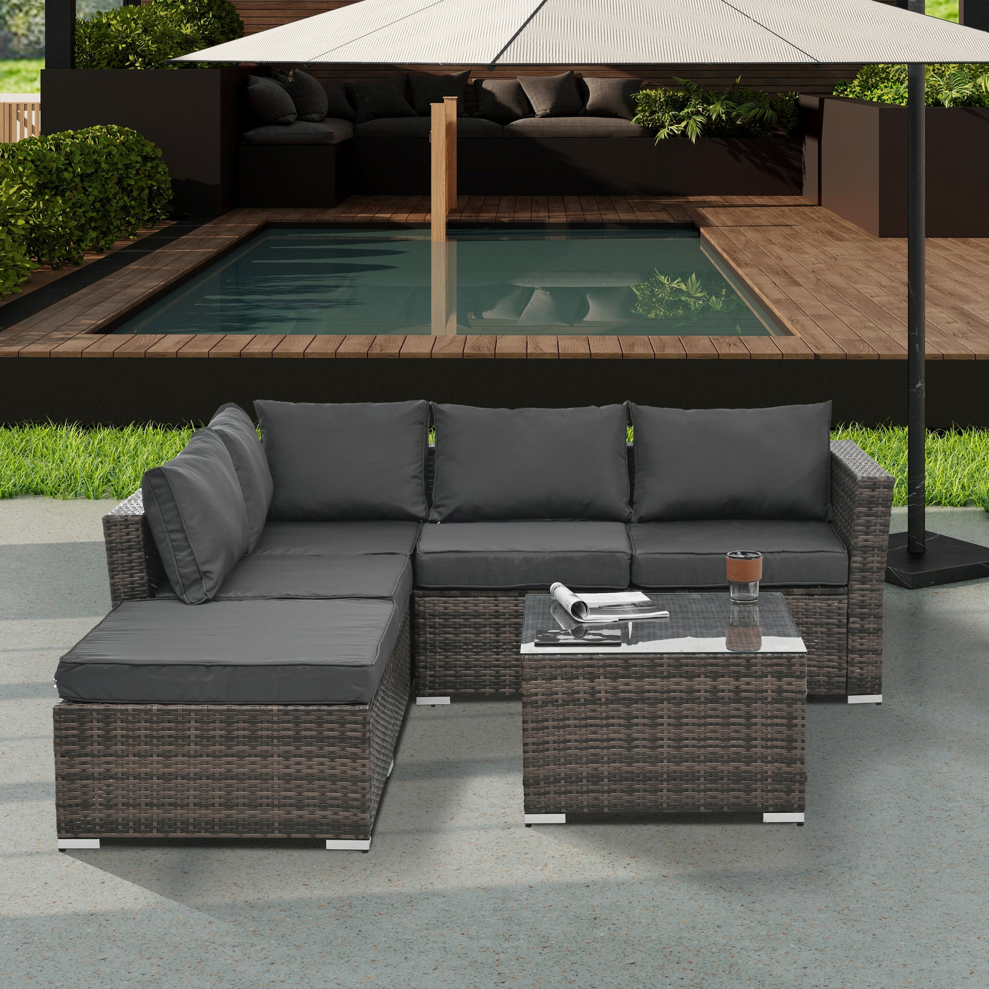 Patio Furniture, Outdoor Furniture, Seasonal Pe Wicker Furniture, 4 Set Wicker Furniture With Tempered Glass Coffee Table Brown Pe Rattan Iron Waterproof Fabric