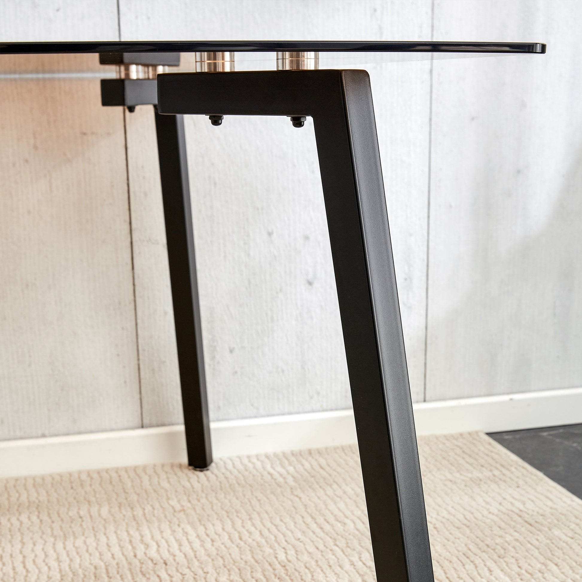 Table And Chair Set.Large Modern Rectangular Table With Brown Glass Top And Silver Metal Legs. Paired With 4 Dark Gray Chairs With Soft Linen Fabric Cushions And Black Metal Legs. Dark Gray,Silver