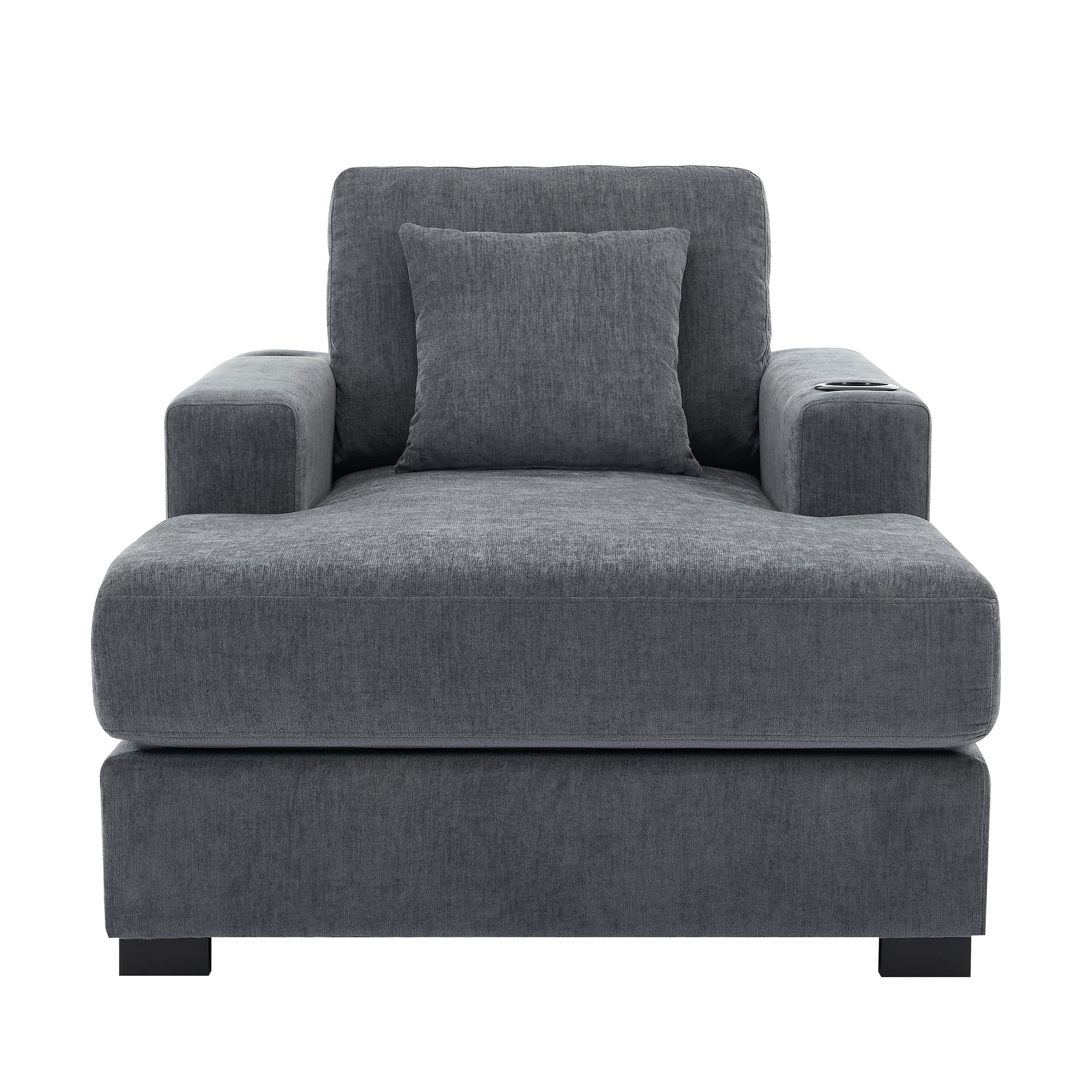 39.7" Oversized Chaise Lounger Modern Style Sofa Couch ,With Pillows, Charge Station & Cup Holders, Chenille Fabric, Blue Gray Blue Gray Chenille