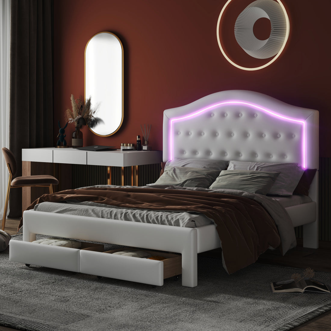 Queen Size Upholstered Platform Bed With Tufted Headboard, Led And 2 Drawers, White Box Spring Not Required Queen White Wood Bathroom Bed Frame Faux Leather Upholstered