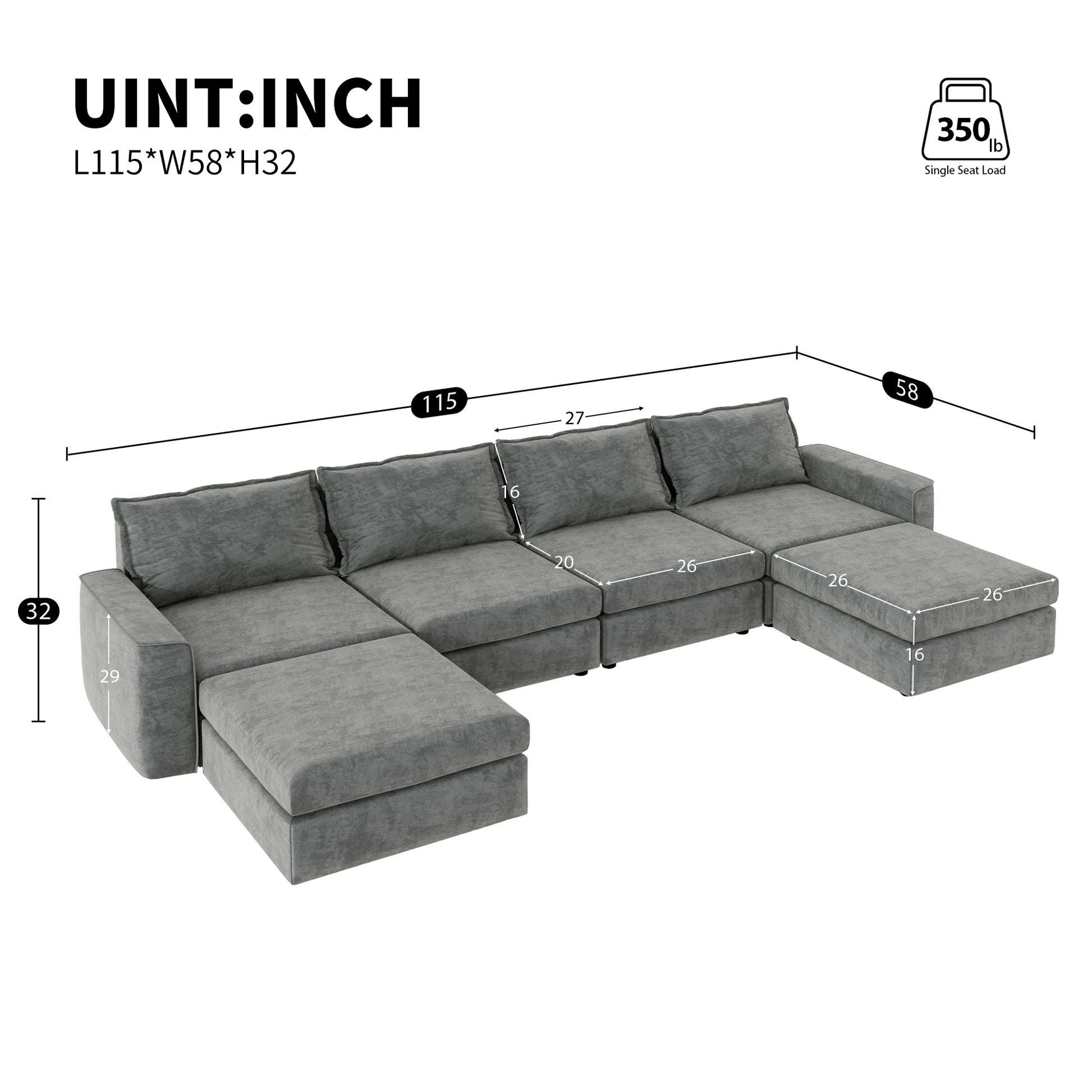 115*58" Chenille Modular Sectional Sofa,U Shaped Reversible Couch,Free Combination,6 Seat Sleeper Sofa Bed With Ottoman,Convertible Oversized Indoor Furniture For Living Room,Gray Gray Chenille 6 Seat