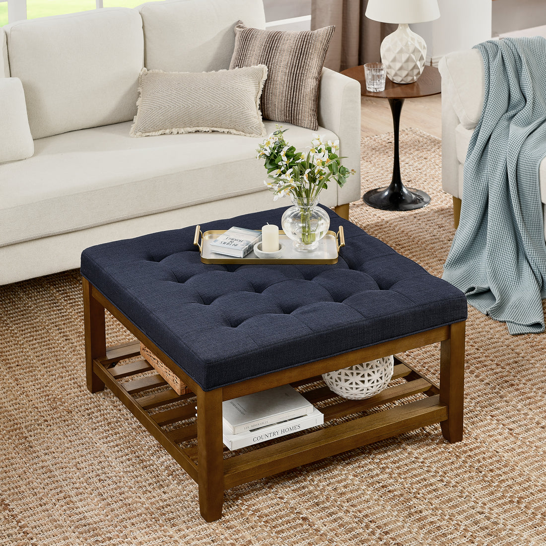 Upholstered Coffee Table Tufted Linen Large Square Ottoman With Beech Wood Shelf And Frame, Oversized Footrest Ottoman For Living Room, Navy Blue Light Brown Wood Primary Living Space Heavy Duty Beech Wood Navy Blue Linen Or Linen Blend Medium Firm