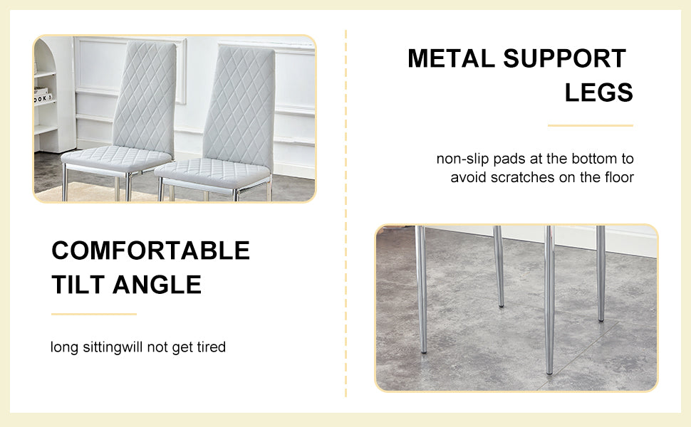 Table And Chair Set.Large Modern Rectangular Table With Brown Glass Top And Silver Metal Legs. Paired With 6 Light Gray Chairs With Checkered Armless High Back Pu Cushion And Silver Metal Legs. Light Gray,Silver Seats 6 Glass Metal