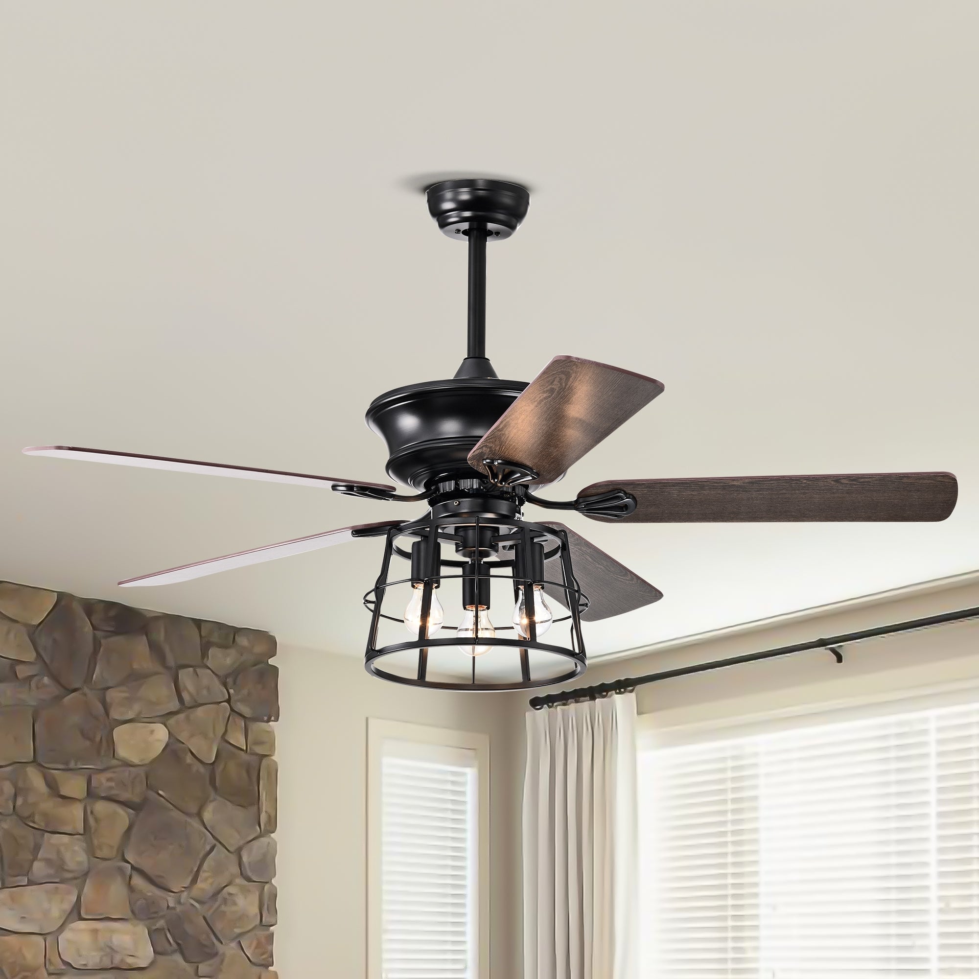 52'' Farmhouse Ceiling Fan With Lights, 52 Inch Industrial Cage Ceiling Fan Light, Indoor Outdoor Ceiling Fan With Remote, Reversible Ac Motor For Farmhouse Patios Bedroom Garage 3&E26 Matte Blac Matte Black American Design,American