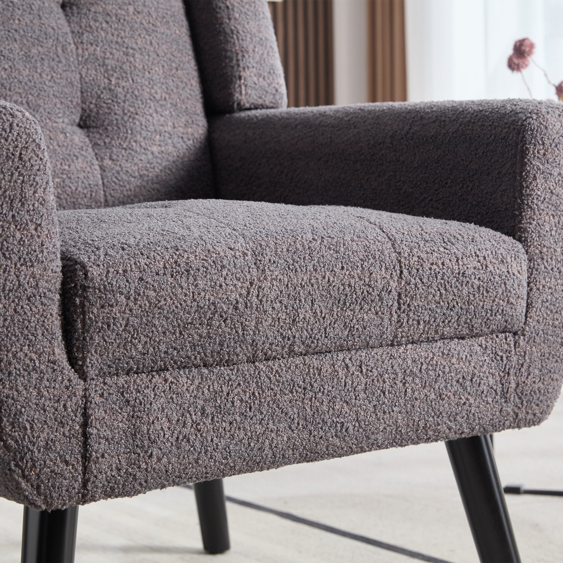Modern Soft Teddy Material Ergonomics Accent Chair Living Room Chair Bedroom Chair Home Chair With Black Legs For Indoor Home Grey Teddy Fabric Grey Foam Upholstered