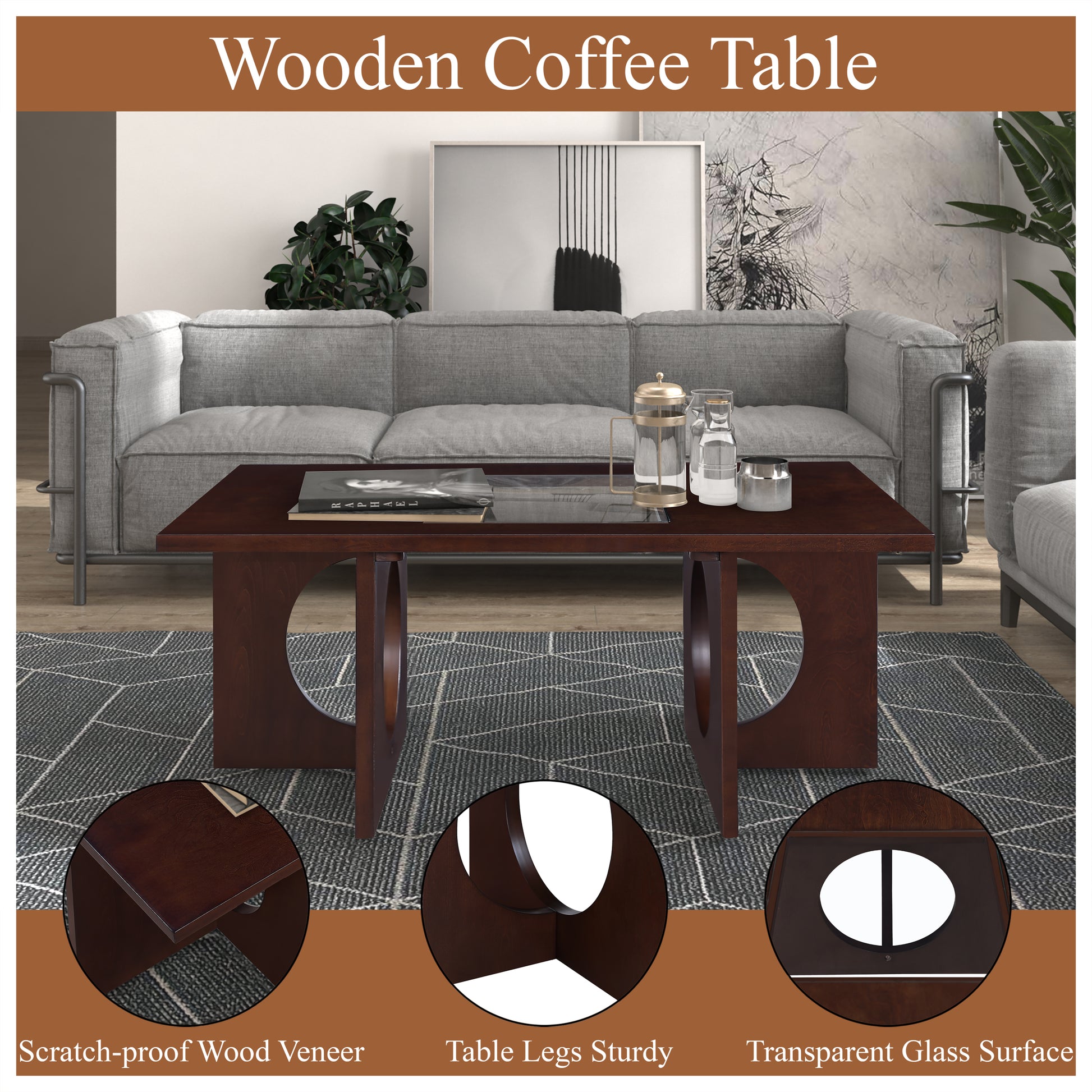 47" Contemporary Wood Rectangular Coffee Table With Clear Tempered Glass Top, Light Espresso Light Espresso Mdf Glass