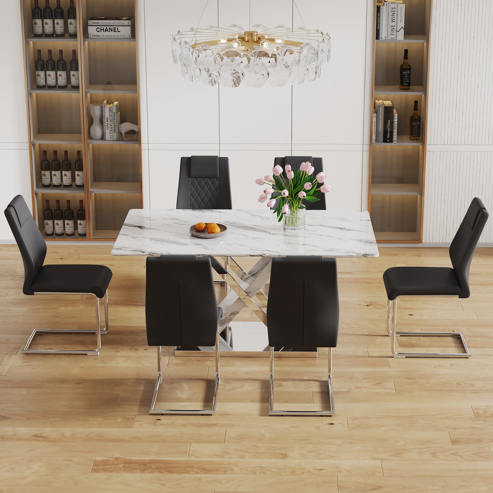 Table And Chair Set, Modern Dining Table, Imitation Marble White Top And Silver Legs, Soft And Comfortable Dining Chair, Perfect For Dinner, Meetings, Home And Office Decor Black Silver Glass Metal
