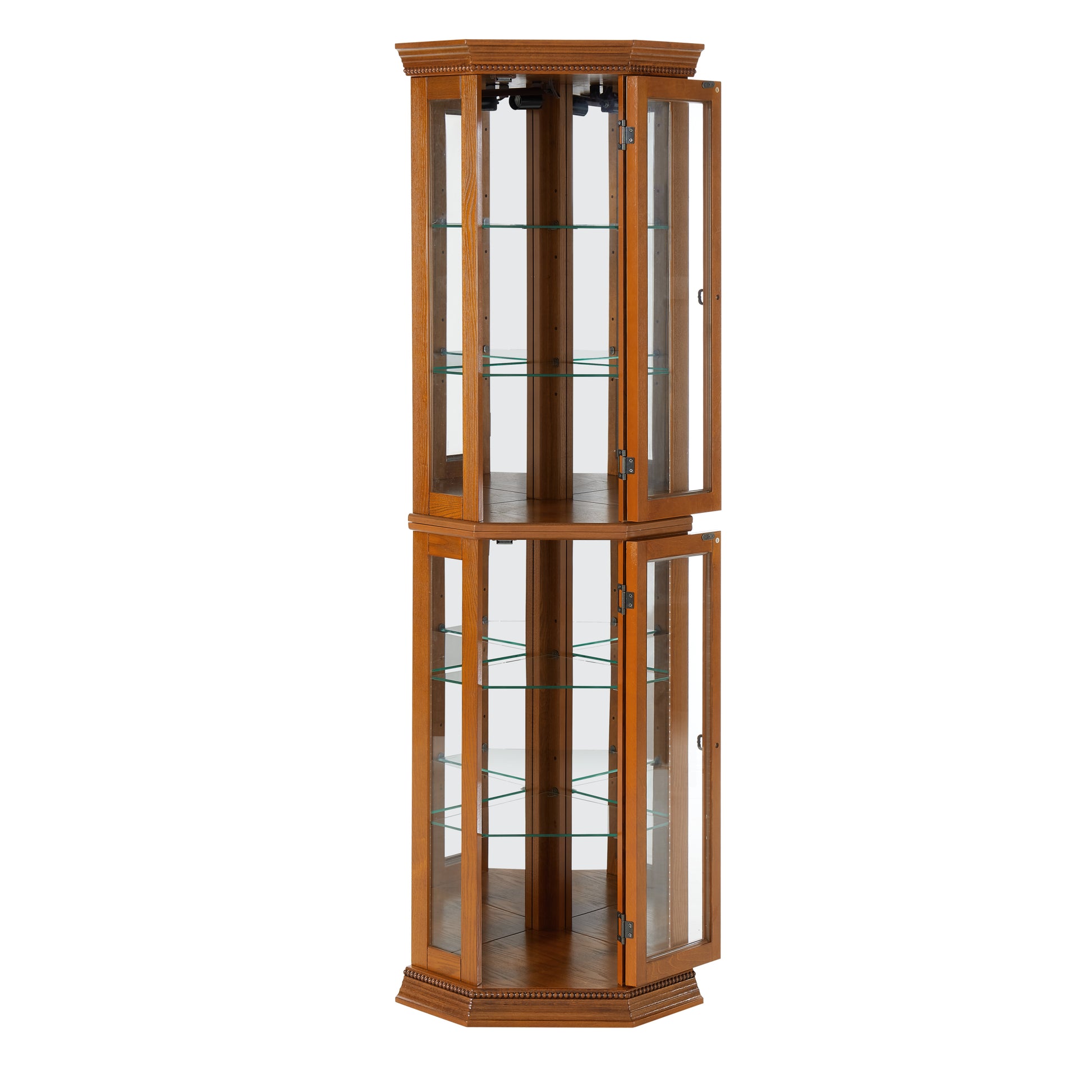 Corner Curio Cabinet With Lights, Adjustable Tempered Glass Shelves, Mirrored Back, Display Cabinet,Oak E26 Light Bulb Not Included Oak Mdf