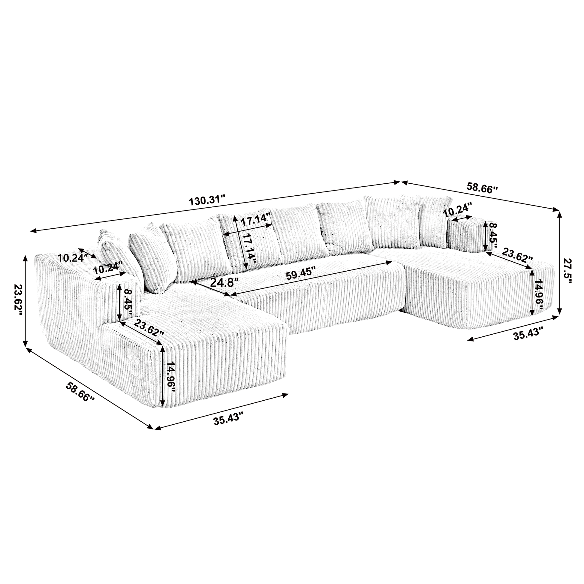 Arrived 131'' Modular Sectional Couch, U Shaped Sofachaise Lounge, Striped Fabric,Upholstered 4 Seater Couch For Living Room, Bedroom, Free Combination Sofa Corduroy , Blue Blue Polyester Primary Living Space Soft Modern Square Arms Foam Upholstered 4