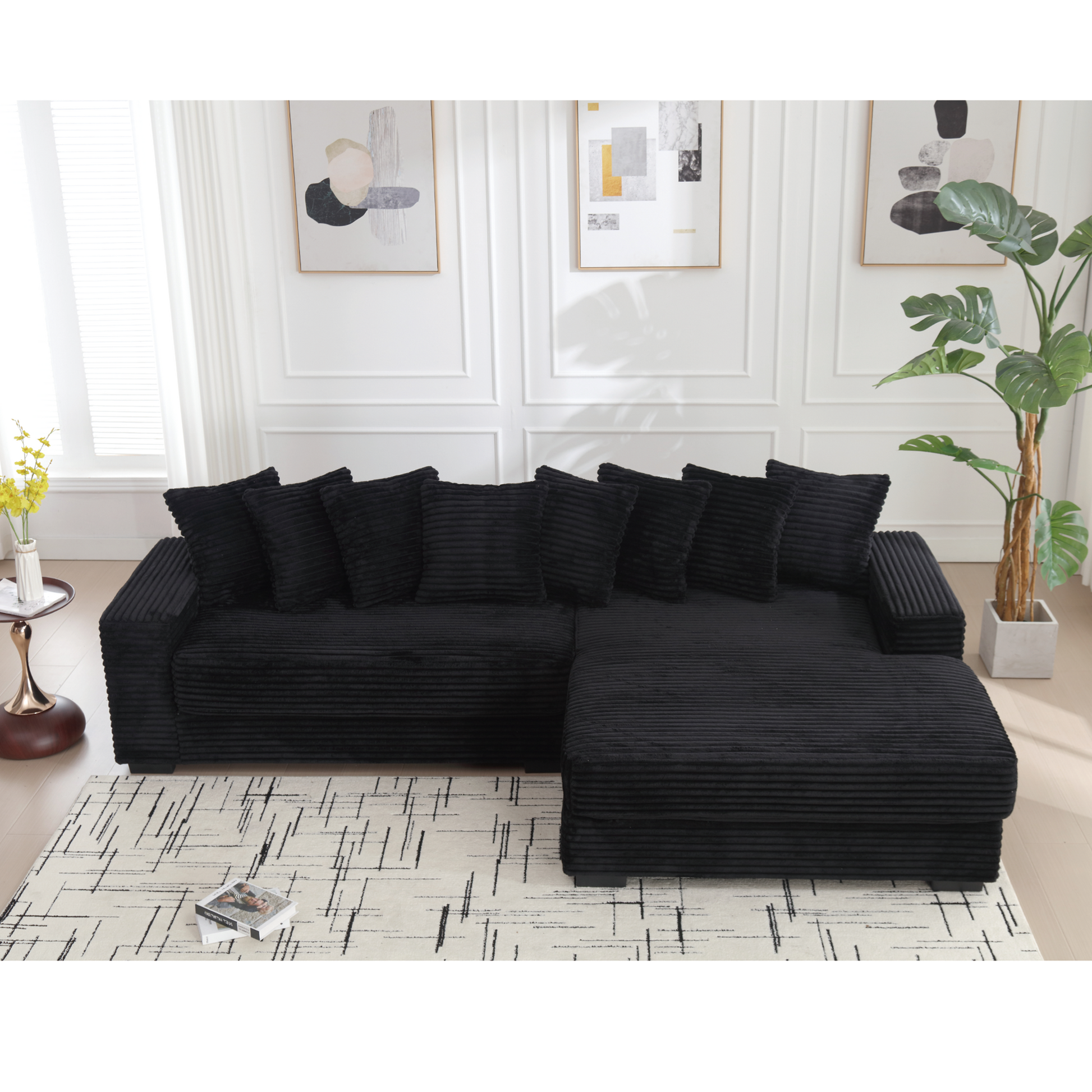 Arrived Oversized Two Piece Couches, L Shaped Sofa, Corduroy, Right Chaise Daybed,With Armrests,Eight Throw Pillows,Corner Sofa,Easy To Assemble, Black Black Polyester Wood Primary Living Space