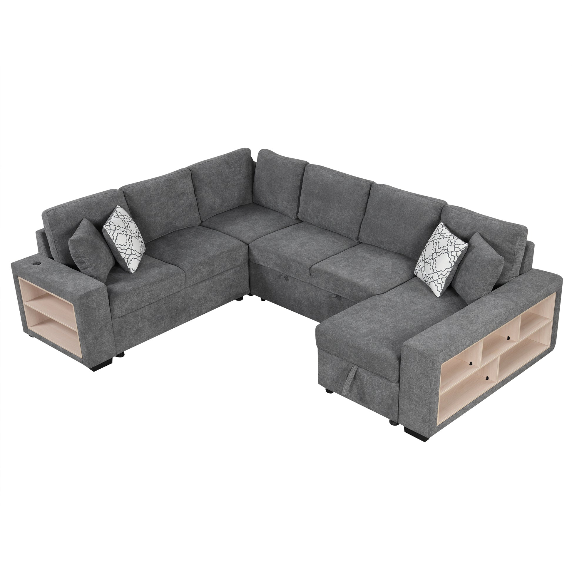 109" U Shaped Sectional Sofa Pull Out Sofa Bed With Two Usb Ports, A Storage Chaise Lounge And Four Back Pillows For Living Room, Grey Grey Foam Chenille 5 Seat