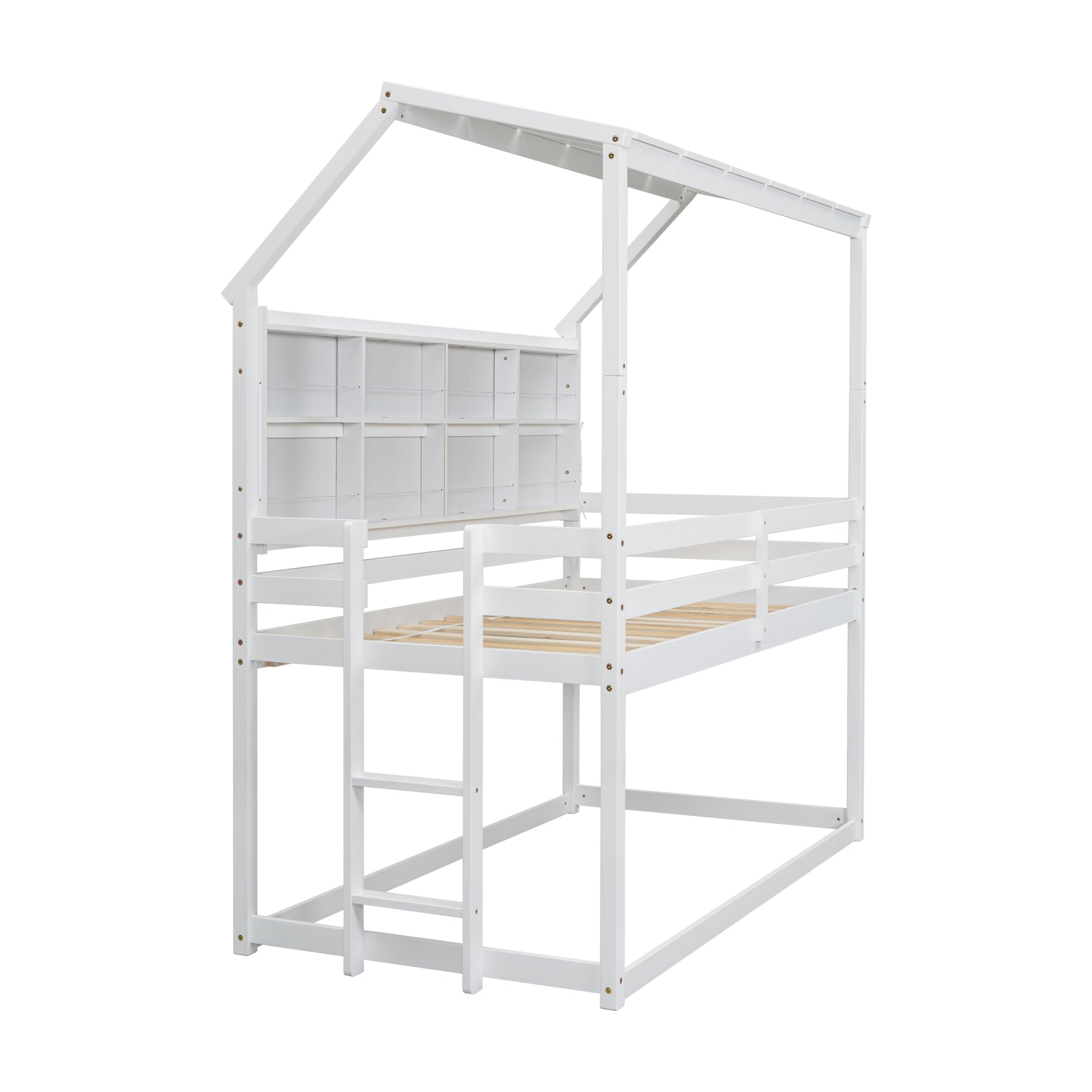 Twin House Loft Bed With Guardrails, Semi Enclosed Roof, Bedside Shelves And Ladder, White Twin White Bedroom American Design Pine Pine