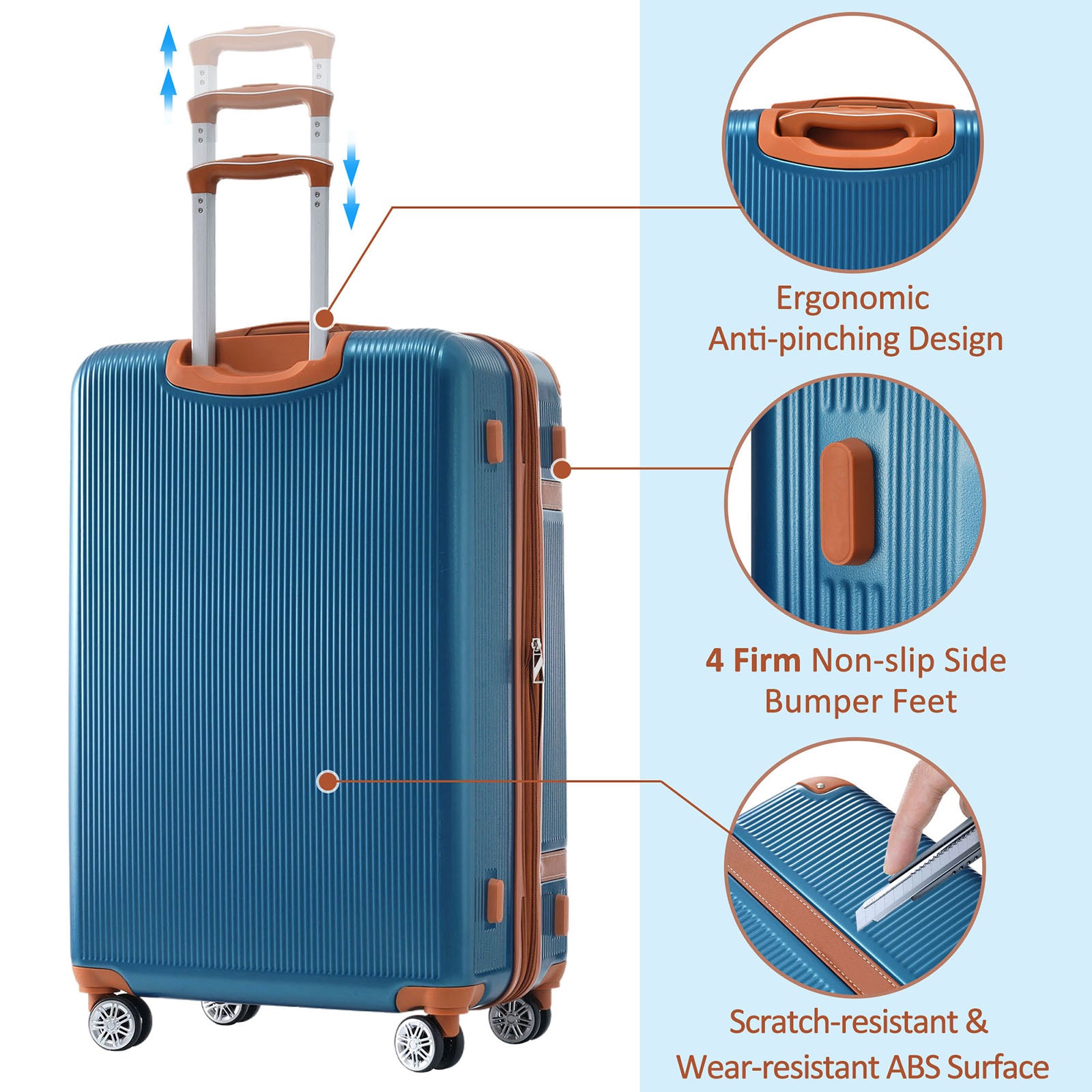 Hardshell Luggage Sets 3 Piece Double Spinner 8 Wheels Suitcase With Tsa Lock Lightweight 20''24''28'' Blue Abs