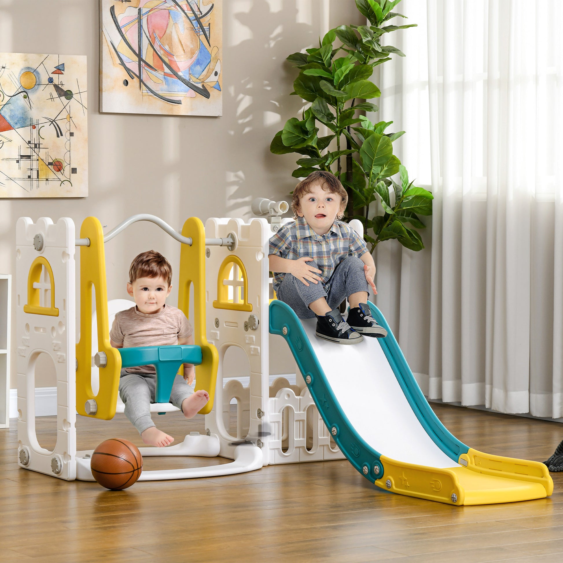 Qaba 6 In 1 Toddler Slide And Swing Set, Baby Slide For Age 1 3 Years With Basketball Hoop, Climber, Storage Space, Telescope, Indoor Playground, Yellow Yellow Plastic