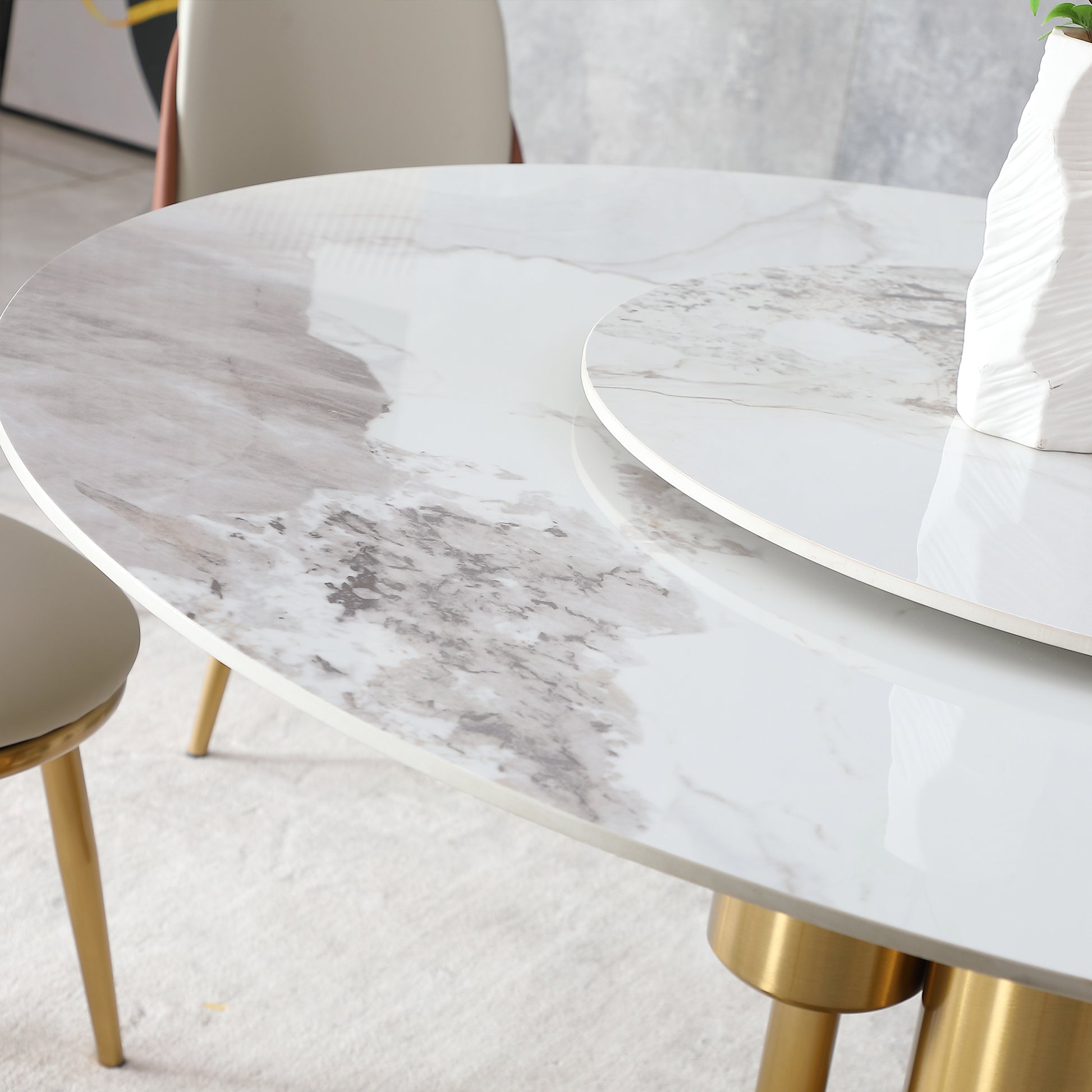 Modern Marble Dining Table, 59" Round Sintered Stone Table For Dining Room, Kitchen, Dinette, Compact Space With Lazy Susan Table Only Gold,Gold White Dining Room American Design,Luxury,Modern