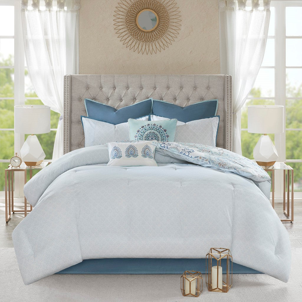 8 Piece Cotton Floral Printed Reversible Comforter Set Blue Queen Queen Blue Cotton