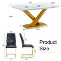 Table And Chair Set,Large Modern Minimalist Rectangular White Imitation Marble Dining Table With Mdf Top And Golden Legs,Dining Chairs,Gold Legged Upholstered Chairs Made Of Artificial Leather. Black Gold Seats 4 Mdf