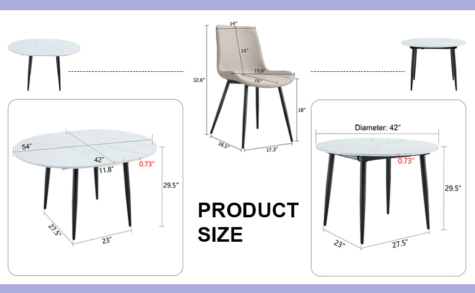 Table And Chair Set.Modern Extendable Mdf Dining Table.The Table Has A Telescopic Design, Suitable For Gatherings Of Different Size.Paired With 4 Chairs With Pu Cushions And Black Metal Legs. White Black Seats 4 Mdf Metal