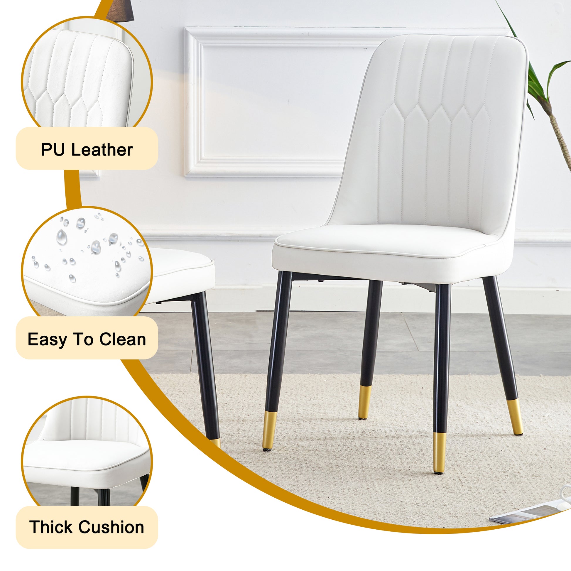 Table And Chair Set.Modern Rectangular Dining Table With Black Textured Stickers Glass Tabletop And Gold Plated Metal Legs.Paried With 4 Comfortable Chairs With Pu Seats And Black Metal Legs. Black Gold,White Seats 4 Glass Metal