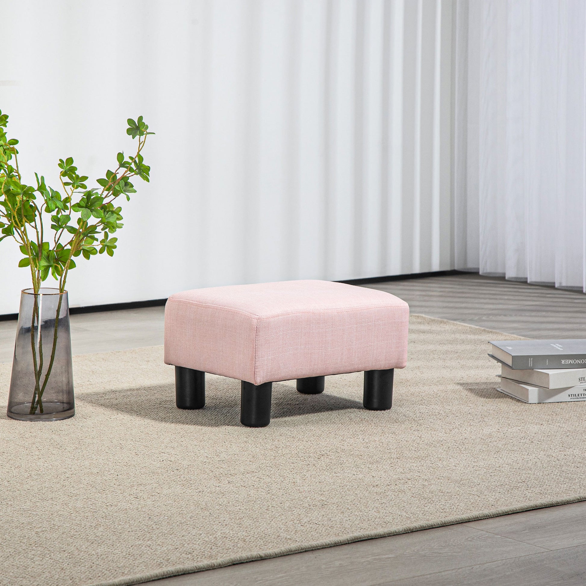 Homcom Ottoman Foot Rest, Small Foot Stool With Linen Fabric Upholstery And Plastic Legs, Cube Ottoman For Living Room, Pink Pink Linen