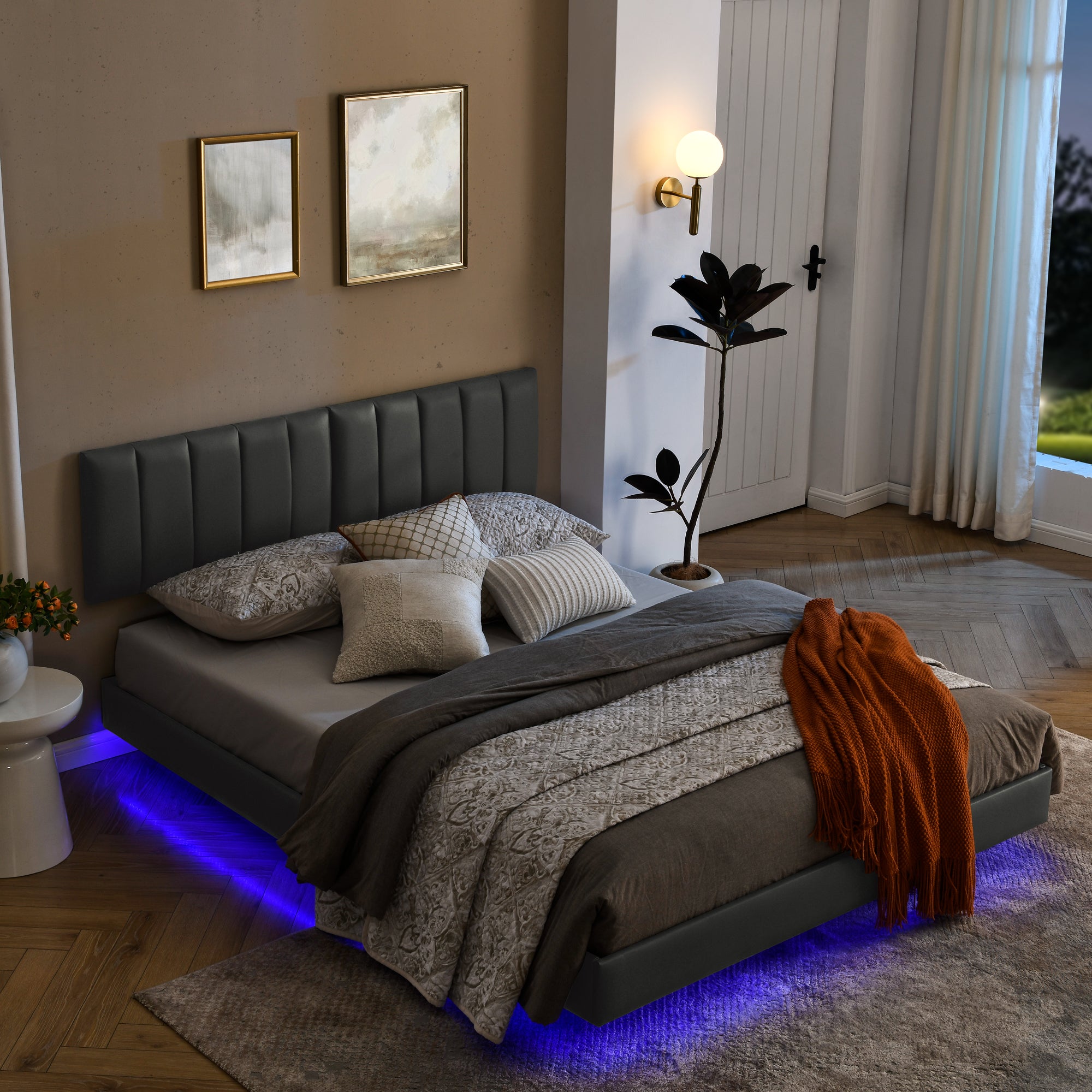 Queen Floating Bed Frame With Led Lights And Wall Mounted Headboard Modern Low Profile Led Platform Bed Frame Queen Size Faux Leather Upholstered Platform Bed Frame,No Box Spring Needed,Grey Queen Grey Pu