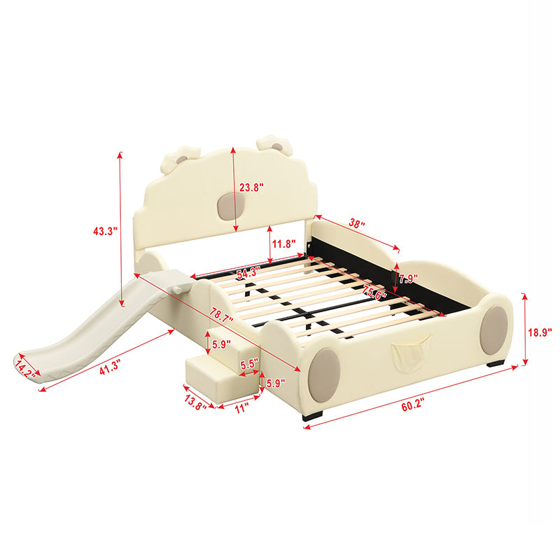 Full Size Upholstered Platform Bed With Piglet Shape Headboard And Children'S Slide, Beige Box Spring Not Required Full Beige Wood Bedroom Bed Frame Faux Leather Upholstered