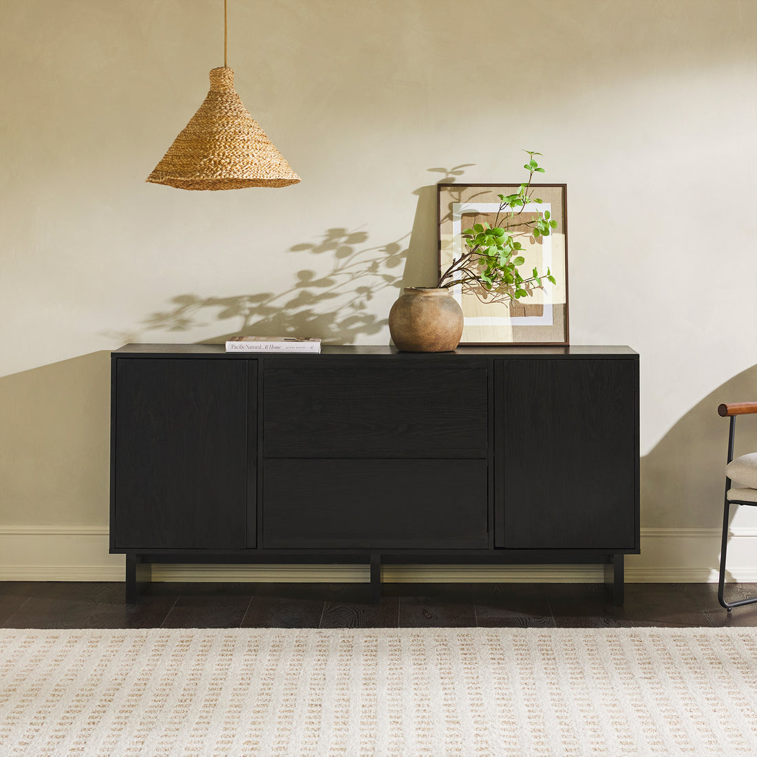 63" Scandi Sideboard With Beveled Drawers, Black Black Mdf Mdf