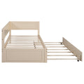 Twin Size Wood Daybed With Trundle And Guardrail, Beige Box Spring Not Required Beige Wood Solid Wood Mdf