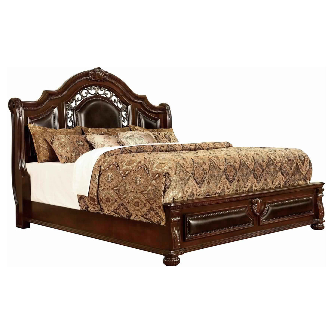 Traditional Eastern King Bed With Soped Headboard And Bun Feet,Brown King Brown Solid Wood