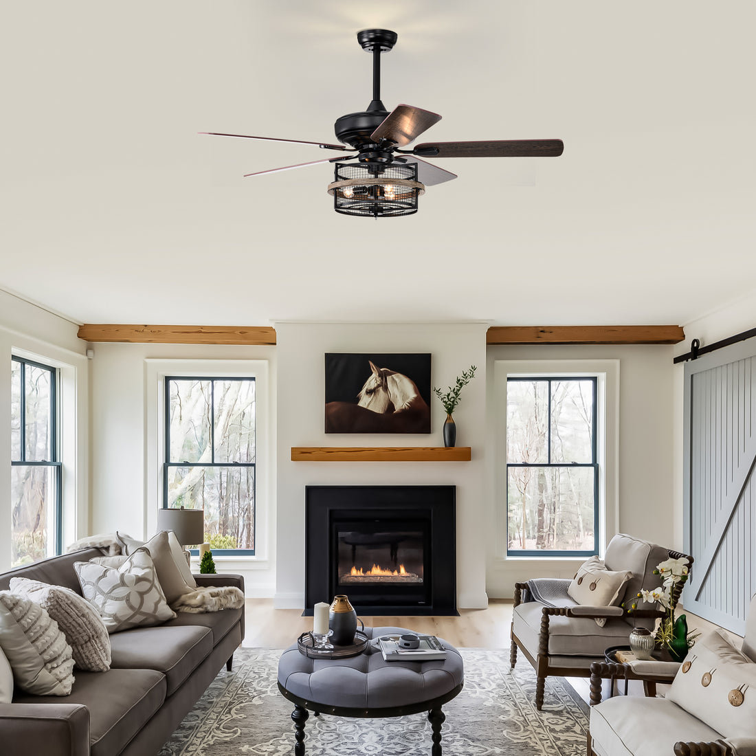 52 Inch Farmhouse Ceiling Fan With Remote,3 Lights Ceiling Fan With Light Fixture No Include Bulbs , Ceiling Fan For Patio,Living Room,Bedroom Black Matte Wood Grain Matt Black American Design,American Traditional,Traditional Plywood Iron