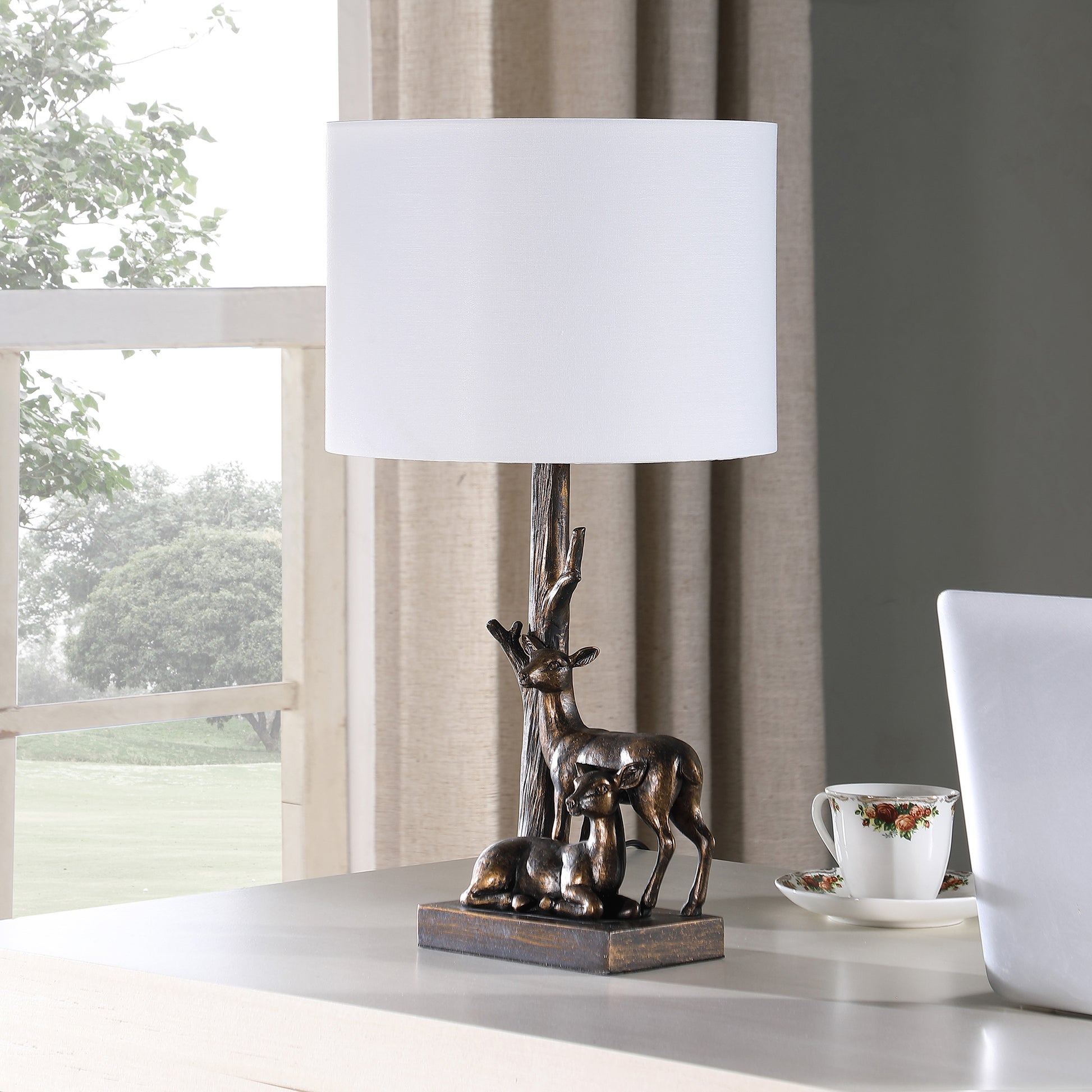 19.75" In Capreolus Bronze Western Roe Deers Polyresin Table Lamp Multi Polyresin