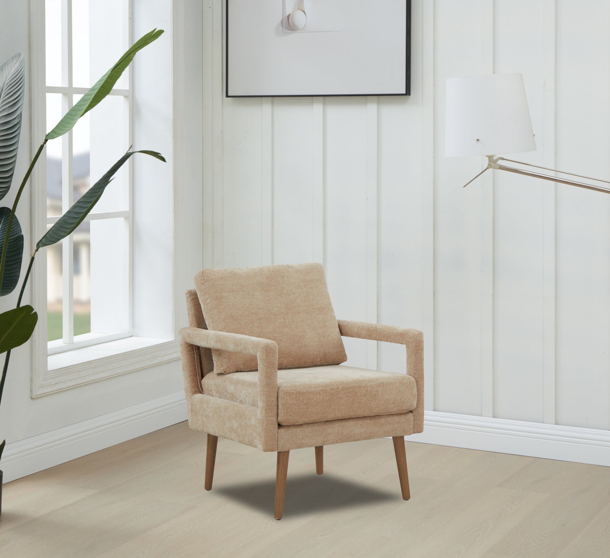 Mid Century Armchairaccent Chair With Chenille Armrest & Soft Cushion For Living Room, Bedroom, Home Office, Study, Beige Beige Foam Wood Fabric
