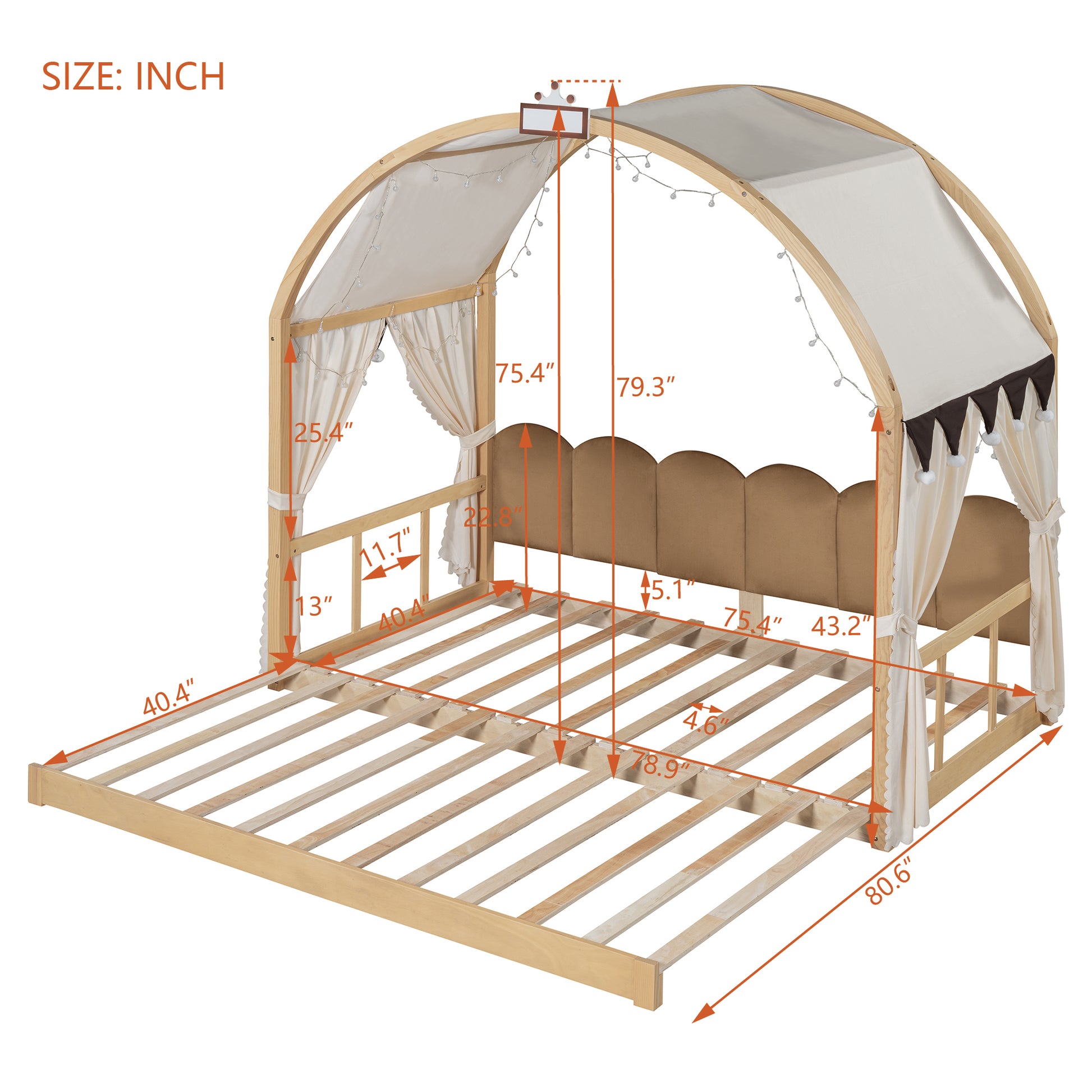 Twin Size Extended Bed With Arched Roof And Trundle, Natural Twin Natural Plywood